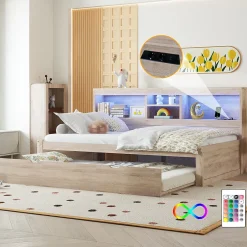 Okwish Lit gigogne 90x200 cm avec rangement latéral, LED télécommande et ports USB - sommier inclus - naturel - sans matelas Hot