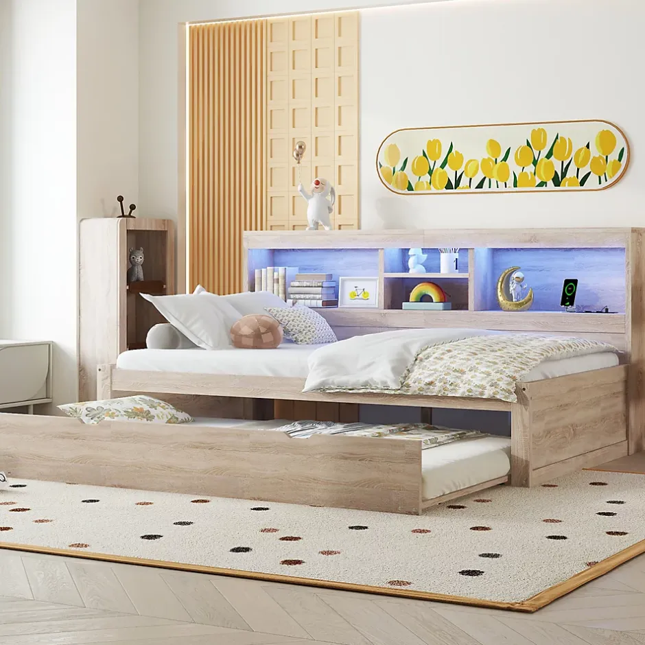 Okwish Lit gigogne 90x200 cm avec rangement latéral, LED télécommande et ports USB - sommier inclus - naturel - sans matelas Hot