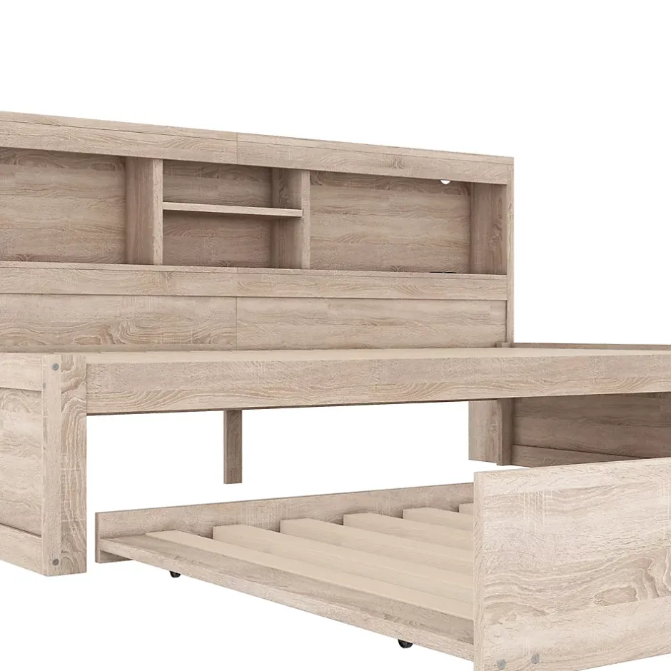 Okwish Lit gigogne 90x200 cm avec rangement latéral, LED télécommande et ports USB - sommier inclus - naturel - sans matelas Hot