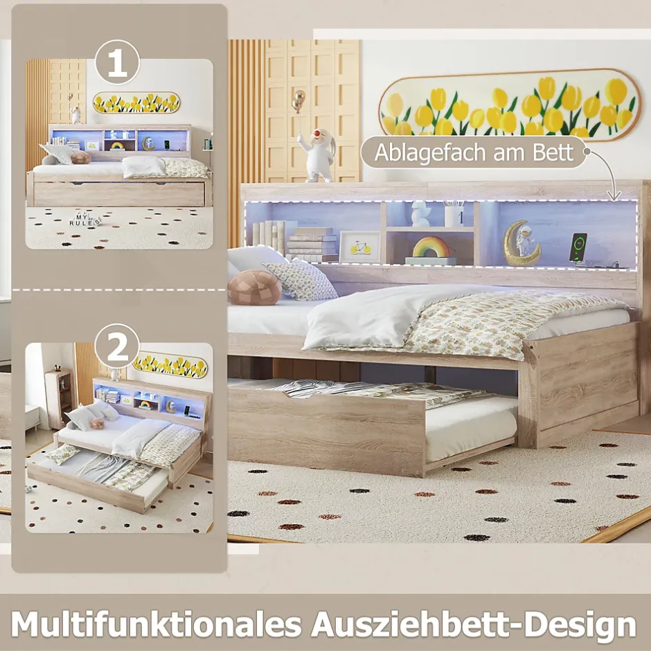 Okwish Lit gigogne 90x200 cm avec rangement latéral, LED télécommande et ports USB - sommier inclus - naturel - sans matelas Hot