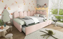 Okwish Lit Gigogne 90x200 cm avec Second Couchage - Design Moderne Gain de Place - Velours Rose - Sans Matelas Best