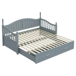 Okwish Lit Gigogne 90/180x200 cm avec Tiroirs et Sommier à Lattes Intégré, Lit Multifonction en Pin Massif, Gris Discount