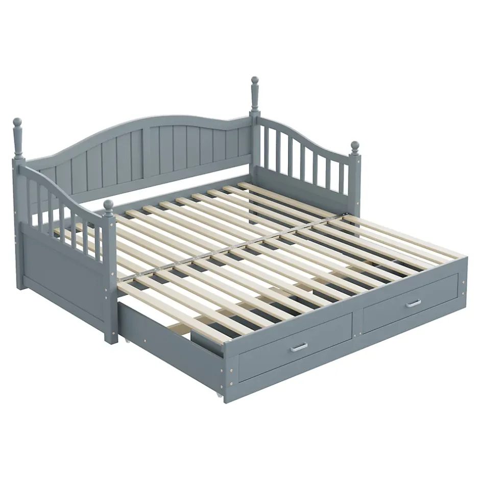 Okwish Lit Gigogne 90/180x200 cm avec Tiroirs et Sommier à Lattes Intégré, Lit Multifonction en Pin Massif, Gris Discount