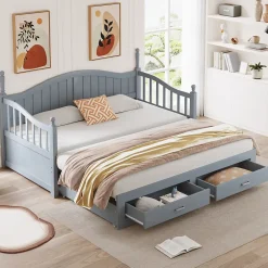 Okwish Lit Gigogne 90/180x200 cm avec Tiroirs et Sommier à Lattes Intégré, Lit Multifonction en Pin Massif, Gris Discount