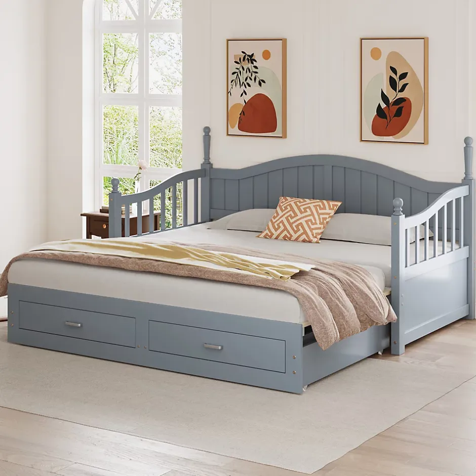 Okwish Lit Gigogne 90/180x200 cm avec Tiroirs et Sommier à Lattes Intégré, Lit Multifonction en Pin Massif, Gris Discount