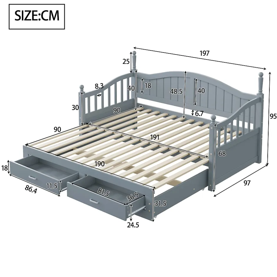 Okwish Lit Gigogne 90/180x200 cm avec Tiroirs et Sommier à Lattes Intégré, Lit Multifonction en Pin Massif, Gris Discount