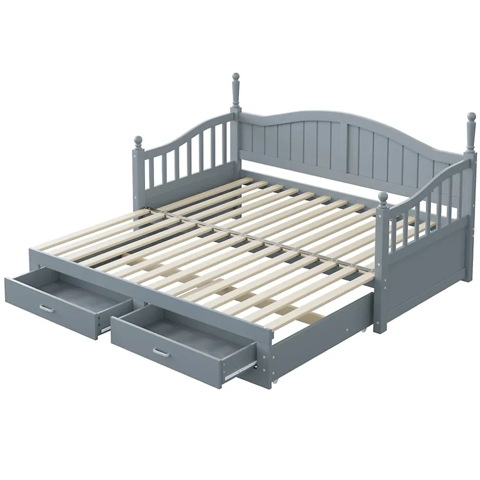 Okwish Lit Gigogne 90/180x200 cm avec Tiroirs et Sommier à Lattes Intégré, Lit Multifonction en Pin Massif, Gris Discount