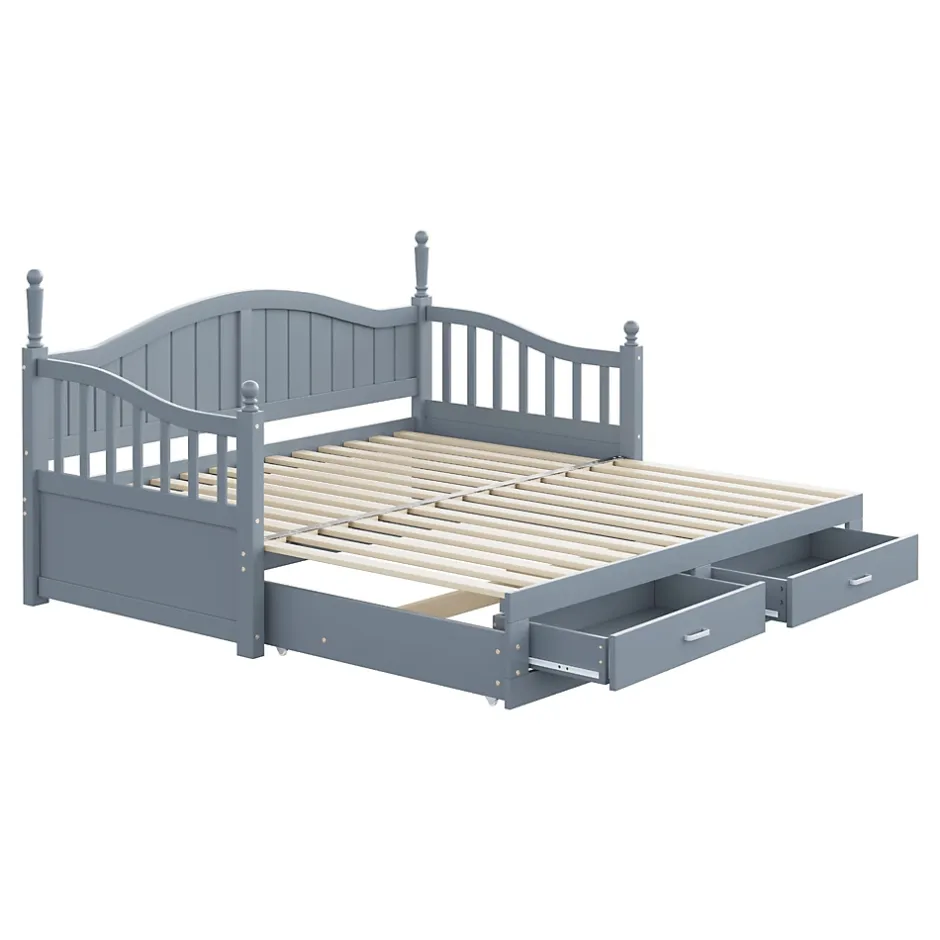 Okwish Lit Gigogne 90/180x200 cm avec Tiroirs et Sommier à Lattes Intégré, Lit Multifonction en Pin Massif, Gris Discount