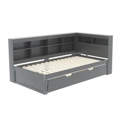 Okwish Lit Gigogne 90x200 cm avec Tiroir Gigogne 90x190 cm et Rangement, Lit Bois Multifonction avec USB Intégré, Gris