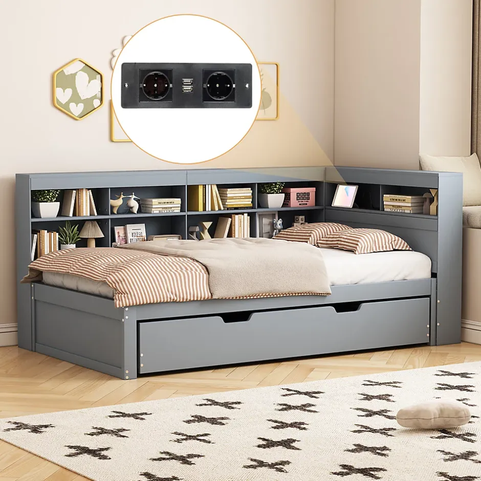 Okwish Lit Gigogne 90x200 cm avec Tiroir Gigogne 90x190 cm et Rangement, Lit Bois Multifonction avec USB Intégré, Gris