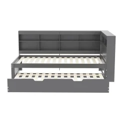 Okwish Lit Gigogne 90x200 cm avec Tiroir Gigogne 90x190 cm et Rangement, Lit Bois Multifonction avec USB Intégré, Gris