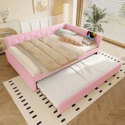 Okwish Lit gigogne 140x200 cm avec tiroir, lampe intégrée et ports USB Type-C - 2 couchages gain de place - imitation laine rose