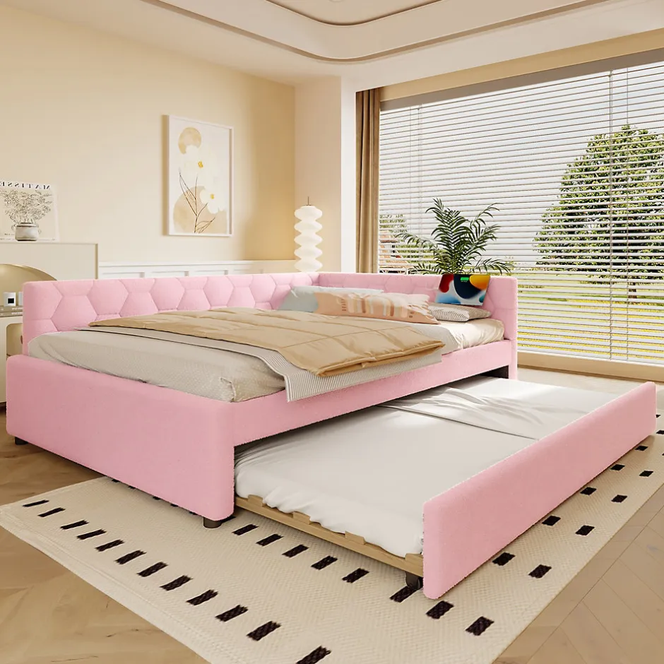 Okwish Lit gigogne 140x200 cm avec tiroir, lampe intégrée et ports USB Type-C - 2 couchages gain de place - imitation laine rose
