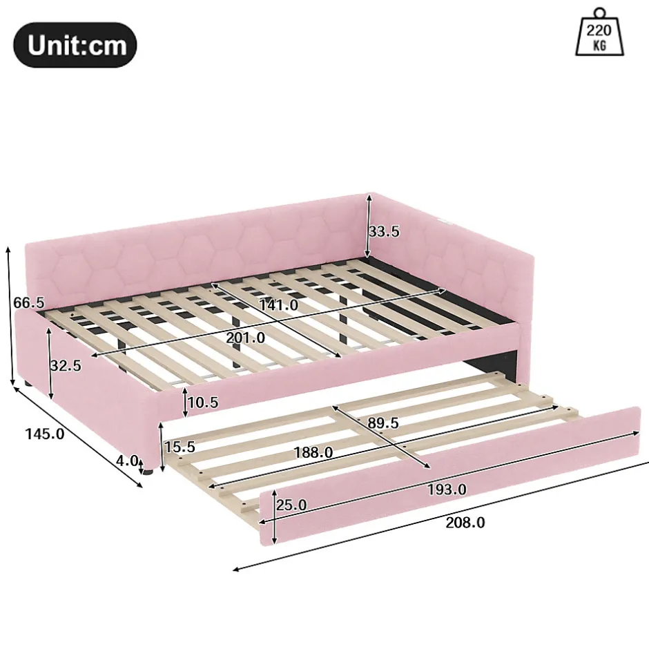 Okwish Lit gigogne 140x200 cm avec tiroir, lampe intégrée et ports USB Type-C - 2 couchages gain de place - imitation laine rose