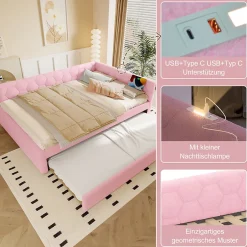 Okwish Lit gigogne 140x200 cm avec tiroir, lampe intégrée et ports USB Type-C - 2 couchages gain de place - imitation laine rose