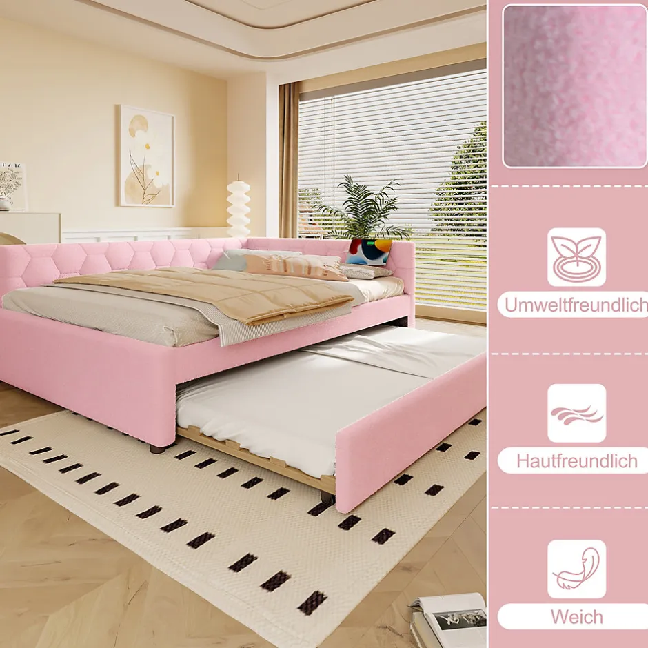 Okwish Lit gigogne 140x200 cm avec tiroir, lampe intégrée et ports USB Type-C - 2 couchages gain de place - imitation laine rose