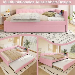 Okwish Lit gigogne 140x200 cm avec tiroir, lampe intégrée et ports USB Type-C - 2 couchages gain de place - imitation laine rose