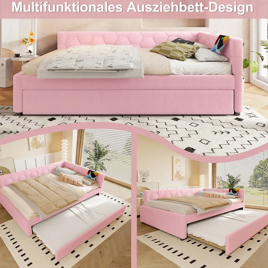 Okwish Lit gigogne 140x200 cm avec tiroir, lampe intégrée et ports USB Type-C - 2 couchages gain de place - imitation laine rose