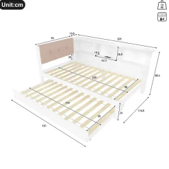 Okwish Lit gigogne 90x200 cm avec tiroir, étagère, bande LED et port USB - 2 couchages gain de place - pin et MDF blanc - sans matelas Best