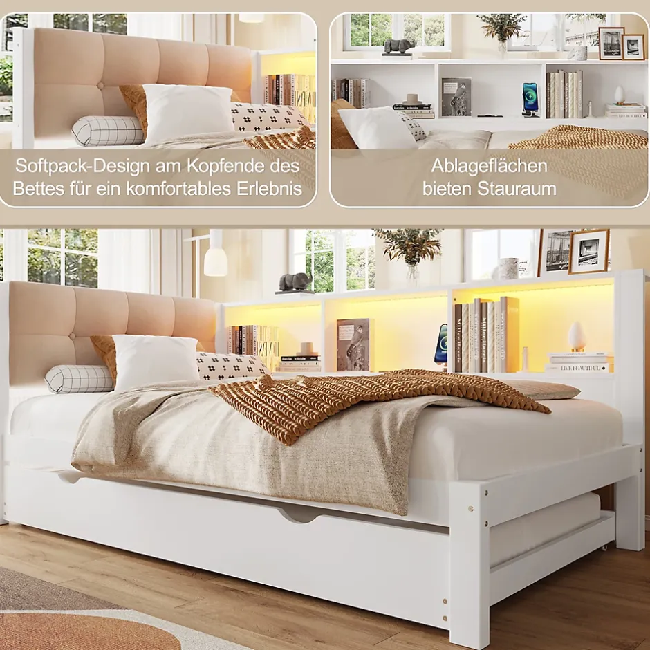 Okwish Lit gigogne 90x200 cm avec tiroir, étagère, bande LED et port USB - 2 couchages gain de place - pin et MDF blanc - sans matelas Best