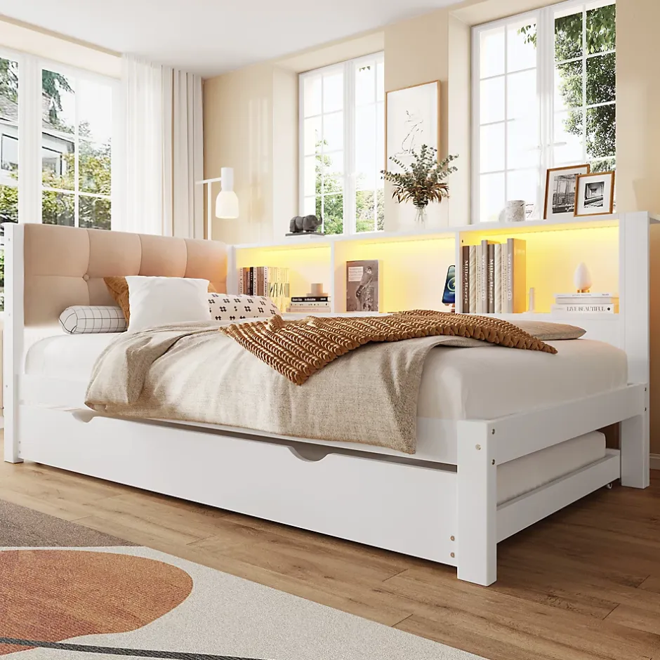 Okwish Lit gigogne 90x200 cm avec tiroir, étagère, bande LED et port USB - 2 couchages gain de place - pin et MDF blanc - sans matelas Best