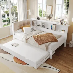 Okwish Lit gigogne 90x200 cm avec tiroir, étagère, bande LED et port USB - 2 couchages gain de place - pin et MDF blanc - sans matelas Best