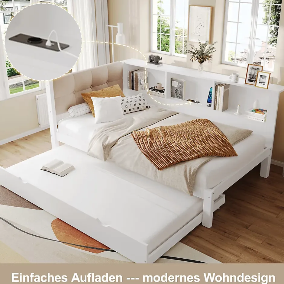Okwish Lit gigogne 90x200 cm avec tiroir, étagère, bande LED et port USB - 2 couchages gain de place - pin et MDF blanc - sans matelas Best