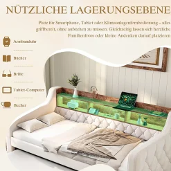 Okwish Lit Gigogne 90x190 cm Beige avec Rangement Intégré, Éclairage LED et Port USB, Tissu Velours Best
