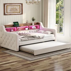 Okwish Lit Gigogne 90x190 cm Beige avec Rangement Intégré, Éclairage LED et Port USB, Tissu Velours Best