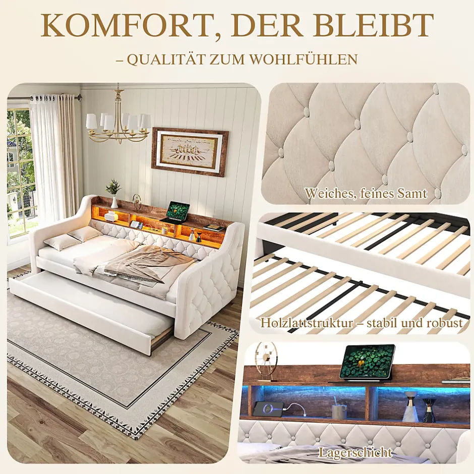 Okwish Lit Gigogne 90x190 cm Beige avec Rangement Intégré, Éclairage LED et Port USB, Tissu Velours Best