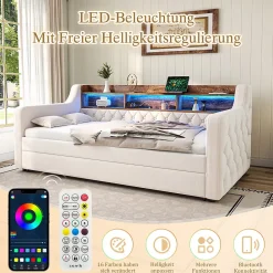 Okwish Lit Gigogne 90x190 cm Beige avec Rangement Intégré, Éclairage LED et Port USB, Tissu Velours Best