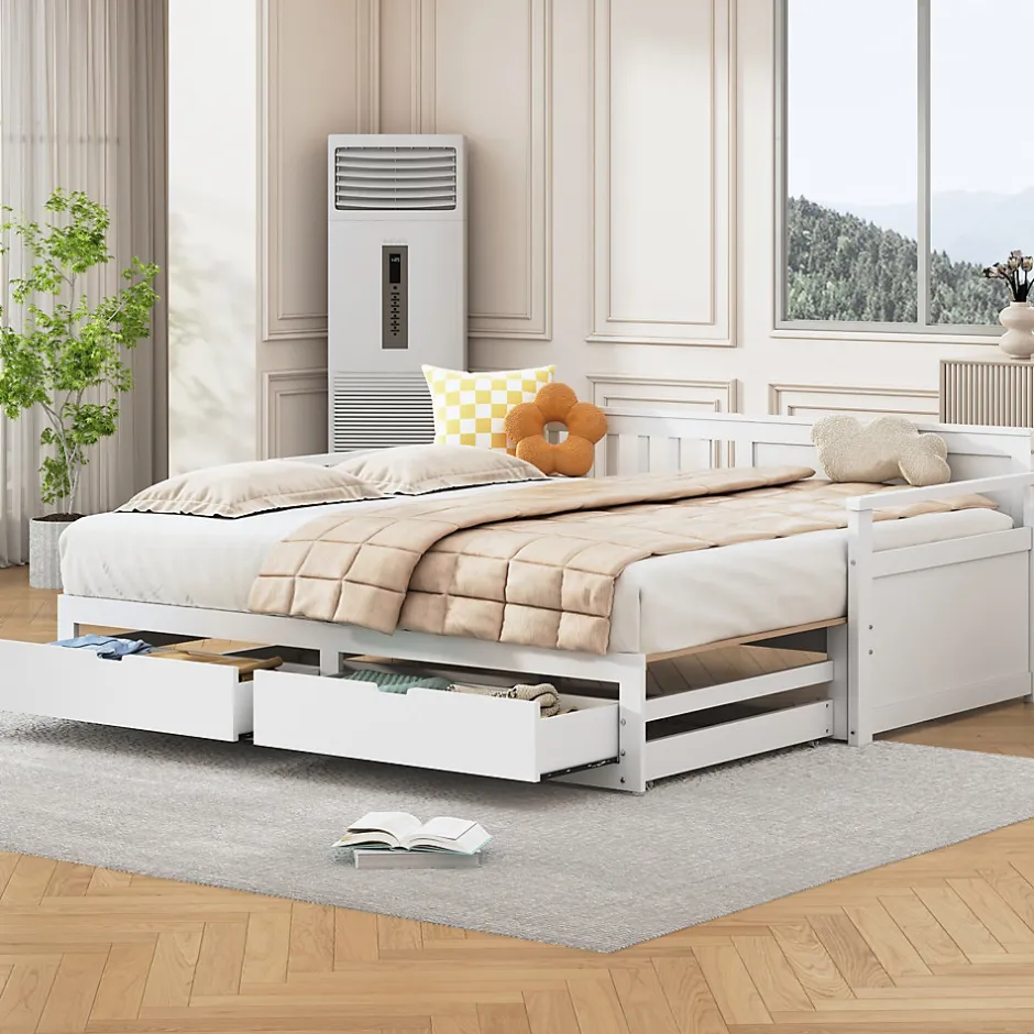 Okwish Lit Gigogne 90/180x190 cm Bois Blanc avec Tiroirs et Lit Sur Roulettes, Multifonction pour Chambre enfant, Blanc