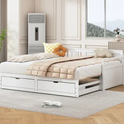 Okwish Lit Gigogne 90/180x190 cm Bois Blanc avec Tiroirs et Lit Sur Roulettes, Multifonction pour Chambre enfant, Blanc