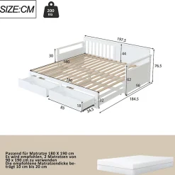 Okwish Lit Gigogne 90/180x190 cm Bois Blanc avec Tiroirs et Lit Sur Roulettes, Multifonction pour Chambre enfant, Blanc