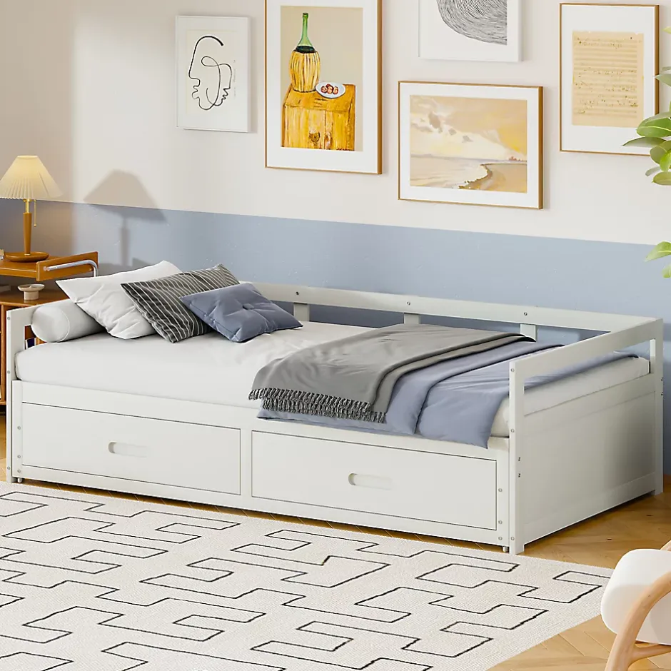 Okwish Lit Gigogne 90/180x190 cm Bois Blanc avec Tiroirs et Sommier À Lattes, Multifonction pour Chambre enfant, Blanc Online