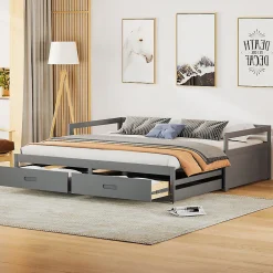 Okwish Lit Gigogne 90/180x190 cm Bois Gris avec Tiroirs et Sommier À Lattes, Multifonction pour Chambre enfant, Gris