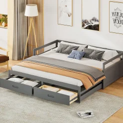 Okwish Lit Gigogne 90/180x190 cm Bois Gris avec Tiroirs et Sommier À Lattes, Multifonction pour Chambre enfant, Gris