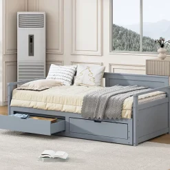 Okwish Lit Gigogne 90/180x190 cm Bois Gris avec Tiroirs et Lit Sur Roulettes, Multifonction pour Chambre enfant, Gris Discount