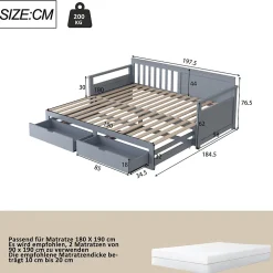 Okwish Lit Gigogne 90/180x190 cm Bois Gris avec Tiroirs et Lit Sur Roulettes, Multifonction pour Chambre enfant, Gris Discount