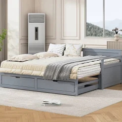 Okwish Lit Gigogne 90/180x190 cm Bois Gris avec Tiroirs et Lit Sur Roulettes, Multifonction pour Chambre enfant, Gris Discount