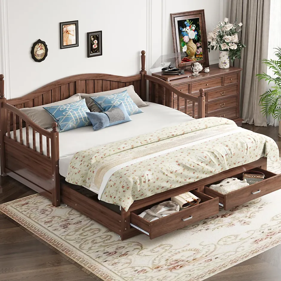 Okwish Lit Gigogne 90/180x190 cm Bois Massif avec Tiroir et Sommier À Lattes, Multifonction pour Chambre enfant Ou Ado, Noyer Outlet