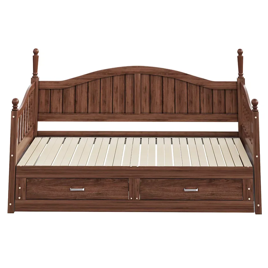 Okwish Lit Gigogne 90/180x190 cm Bois Massif avec Tiroir et Sommier À Lattes, Multifonction pour Chambre enfant Ou Ado, Noyer Outlet