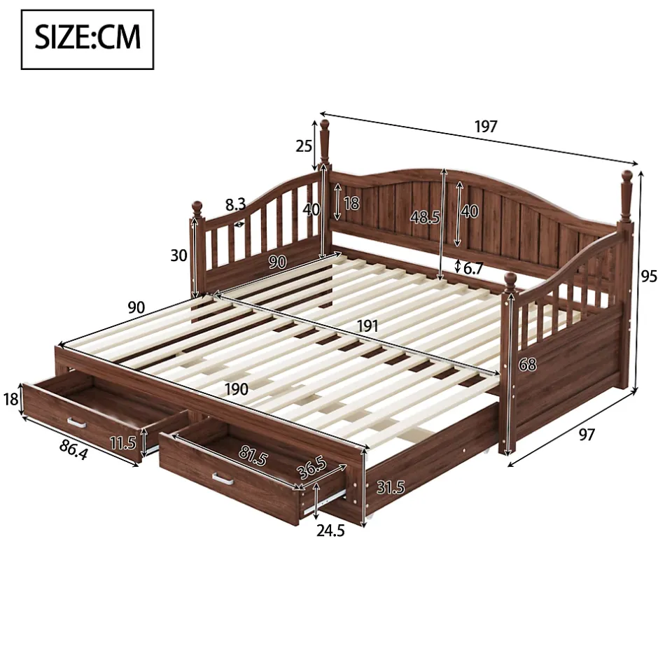 Okwish Lit Gigogne 90/180x190 cm Bois Massif avec Tiroir et Sommier À Lattes, Multifonction pour Chambre enfant Ou Ado, Noyer Outlet