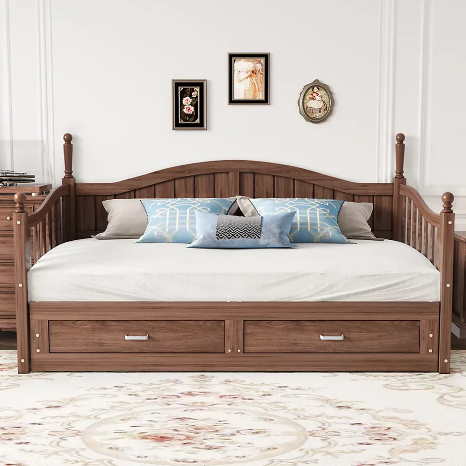 Okwish Lit Gigogne 90/180x190 cm Bois Massif avec Tiroir et Sommier À Lattes, Multifonction pour Chambre enfant Ou Ado, Noyer Outlet