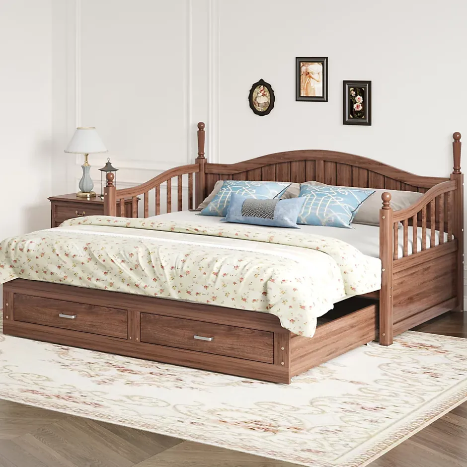 Okwish Lit Gigogne 90/180x190 cm Bois Massif avec Tiroir et Sommier À Lattes, Multifonction pour Chambre enfant Ou Ado, Noyer Outlet