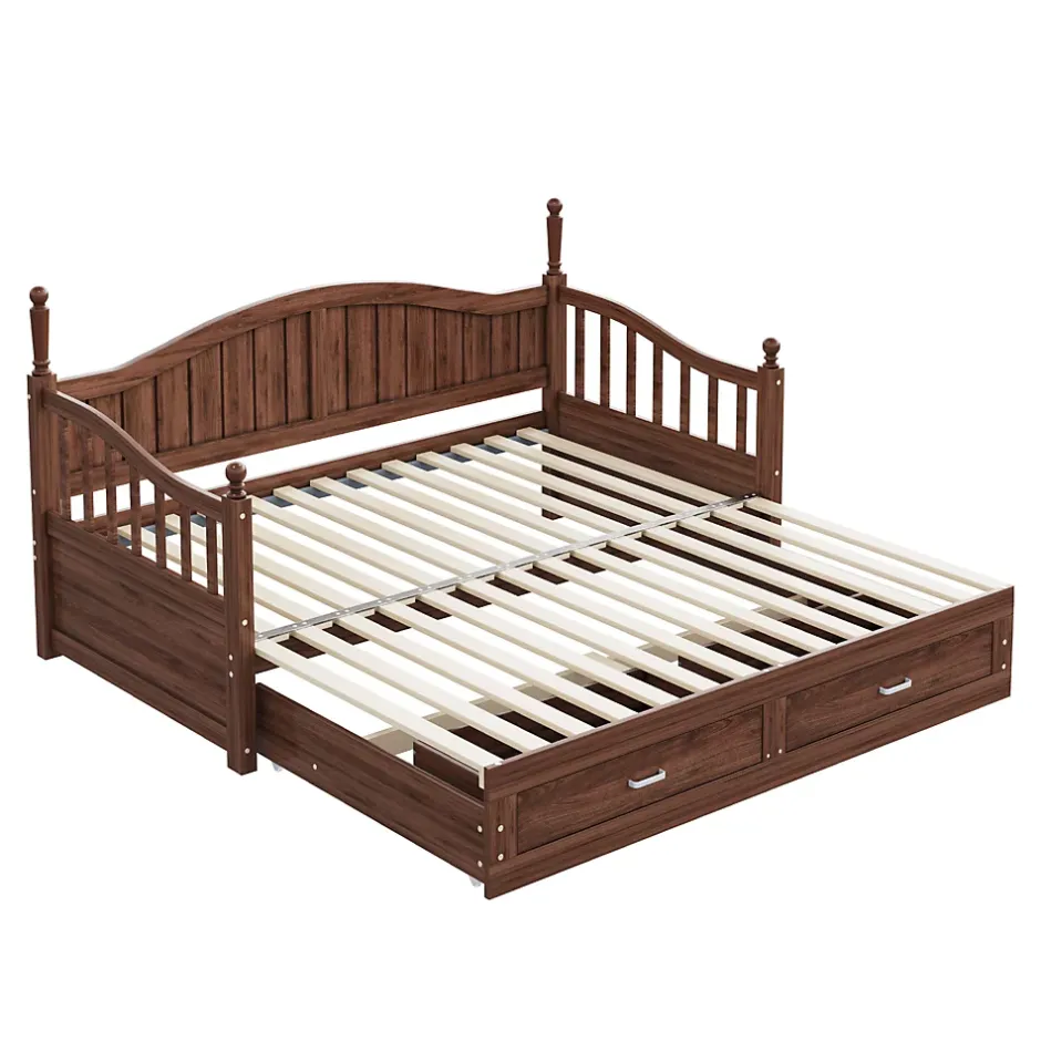 Okwish Lit Gigogne 90/180x190 cm Bois Massif avec Tiroir et Sommier À Lattes, Multifonction pour Chambre enfant Ou Ado, Noyer Outlet