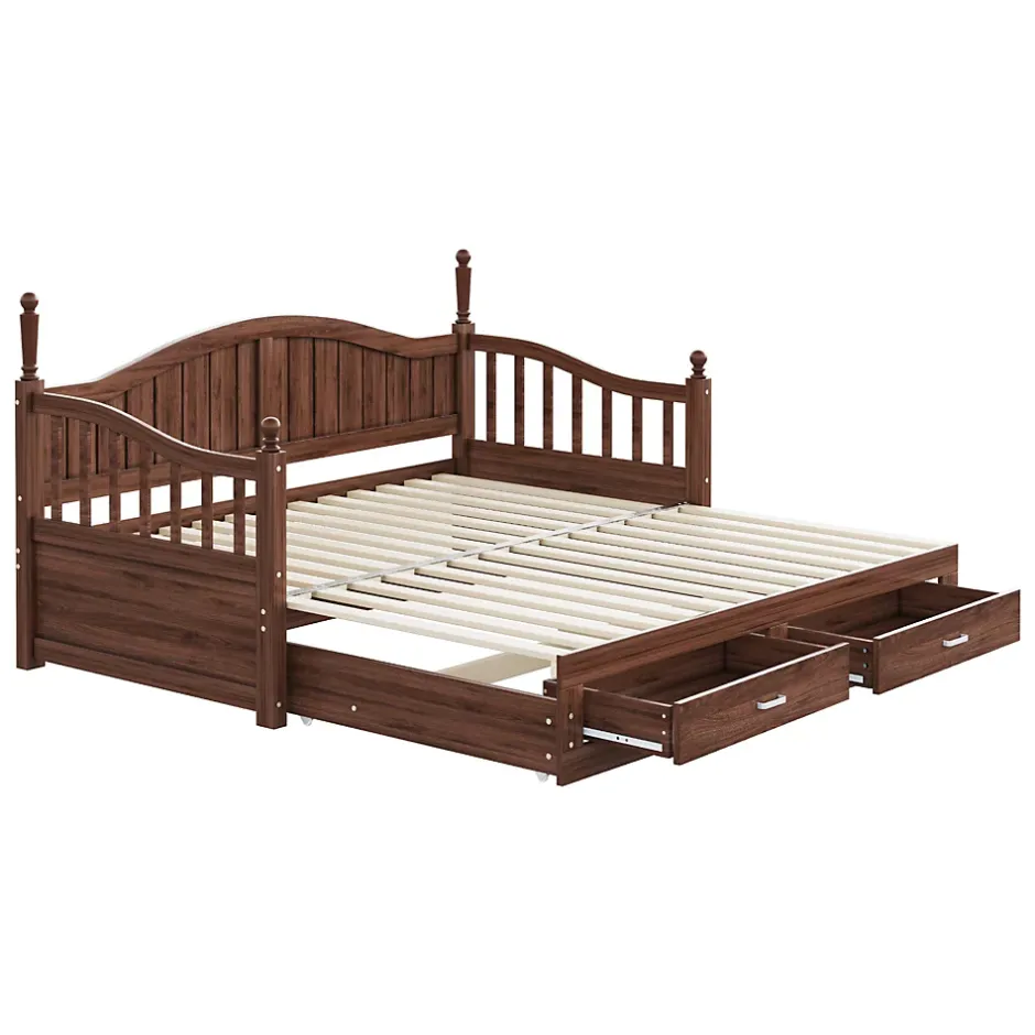 Okwish Lit Gigogne 90/180x190 cm Bois Massif avec Tiroir et Sommier À Lattes, Multifonction pour Chambre enfant Ou Ado, Noyer Outlet