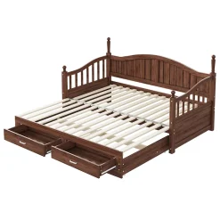Okwish Lit Gigogne 90/180x190 cm Bois Massif avec Tiroir et Sommier À Lattes, Multifonction pour Chambre enfant Ou Ado, Noyer Outlet
