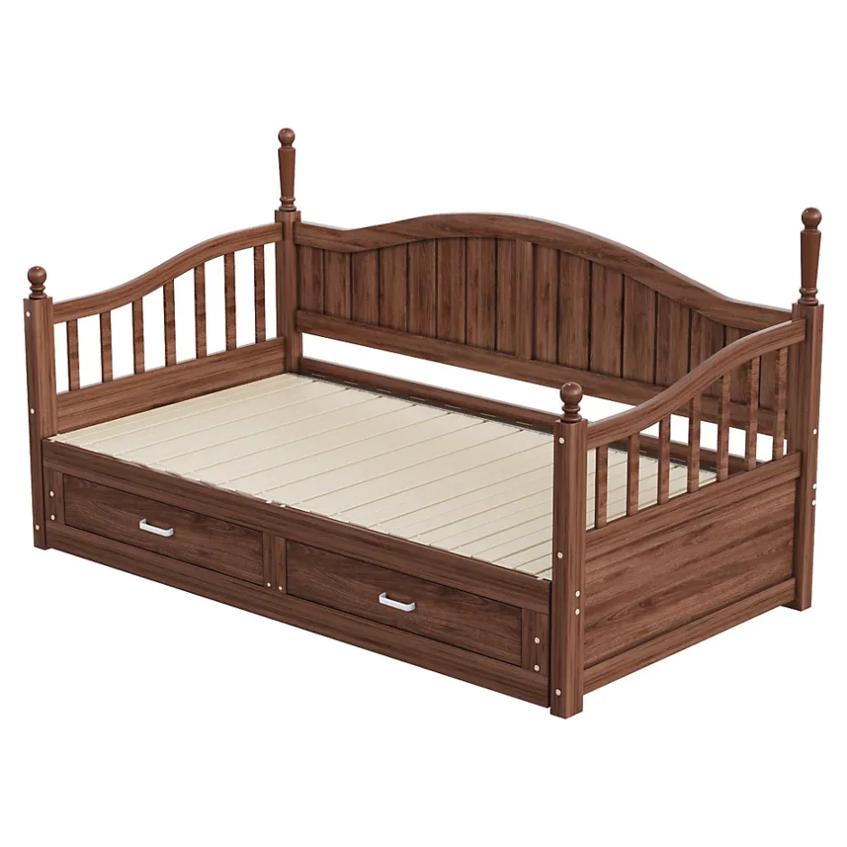 Okwish Lit Gigogne 90/180x190 cm Bois Massif avec Tiroir et Sommier À Lattes, Multifonction pour Chambre enfant Ou Ado, Noyer Outlet