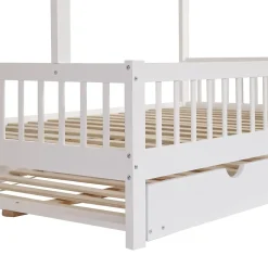 Okwish Lit Gigogne 120x200 cm Cabane enfant avec Tiroirs Rangement, Toit Cheminée, Protection Anti-Chute, Bois, Blanc, Sans Matelas